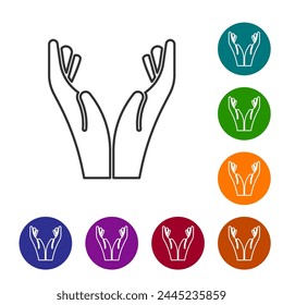 Black line Hands in praying position icon isolated on white background. Prayer to god with faith and hope. Set icons in color circle buttons. Vector Illustration