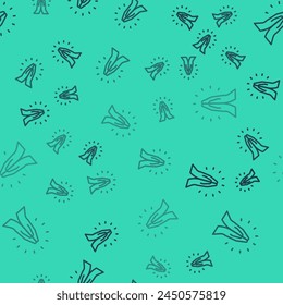 Black line Hands in praying position icon isolated seamless pattern on green background. Prayer to god with faith and hope.  Vector