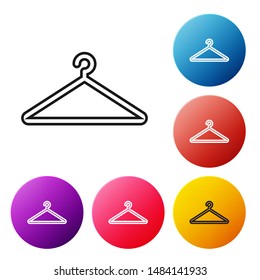 Black line Hanger wardrobe icon isolated on white background. Cloakroom icon. Clothes service symbol. Laundry hanger sign. Set icons colorful circle buttons. Vector Illustration