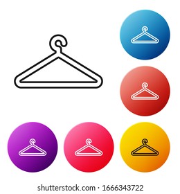 Black line Hanger wardrobe icon isolated on white background. Cloakroom icon. Clothes service symbol. Laundry hanger sign. Set icons colorful circle buttons. Vector Illustration
