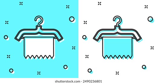 Black line Hanger wardrobe icon isolated on green and white background. Clean towel sign. Cloakroom icon. Clothes service symbol. Laundry hanger. Random dynamic shapes. Vector