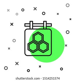 Black line Hanging sign with honeycomb isolated on white background. Signboard icon. Honey cells symbol. Sweet natural food.  Vector Illustration