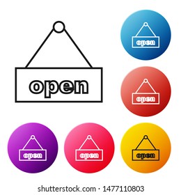 Black line Hanging sign with text Open door icon isolated on white background. Set icons colorful circle buttons. Vector Illustration