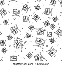 Black line Hanging sign with text For Rent icon isolated seamless pattern on white background. Signboard with text For Rent.  Vector Illustration