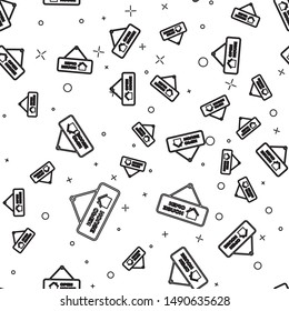 Black line Hanging sign with text Open house icon isolated seamless pattern on white background. Signboard with text Open house.  Vector Illustration