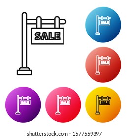 Black line Hanging sign with text Sale icon isolated on white background. Signboard with text Sale. Set icons colorful circle buttons. Vector Illustration
