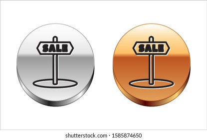 Black line Hanging sign with text Sale icon isolated on white background. Signboard with text Sale. Silver-gold circle button. Vector Illustration