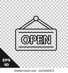 Black line Hanging sign with text Open door icon isolated on transparent background.  Vector Illustration