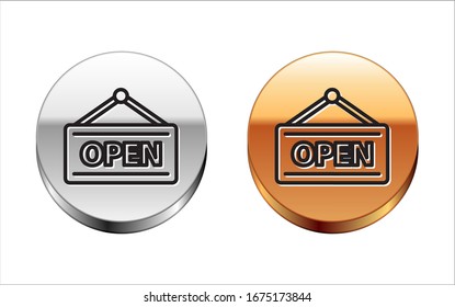 Black line Hanging sign with text Open door icon isolated on white background. Silver-gold circle button. Vector Illustration