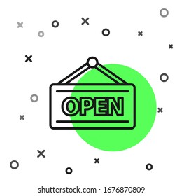 Black line Hanging sign with text Open door icon isolated on white background.  Vector Illustration