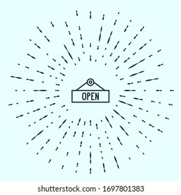 Black line Hanging sign with text Open door icon isolated on grey background. Abstract circle random dots. Vector Illustration