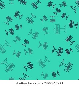 Signo de colgado de línea negra con texto Icono de alquiler aislado patrón sin fisuras sobre fondo verde. Cartel con texto Para alquiler.  Vector