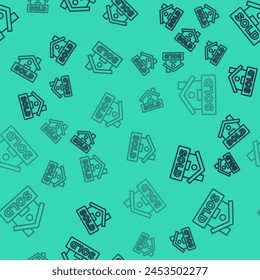 Línea negra Signo colgante con texto Icono vendido patrón inconsútil aislado sobre fondo verde. Pegatina vendida. Se vende letrero.  Vector
