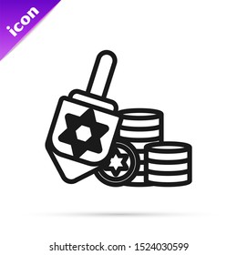 Black line Hanukkah dreidel and coin icon isolated on white background.  Vector Illustration