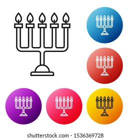 Black line Hanukkah menorah icon isolated on white background. Hanukkah traditional symbol. Holiday religion, jewish festival of Lights. Set icons colorful circle buttons. Vector Illustration