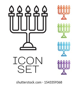 Black line Hanukkah menorah icon isolated on white background. Hanukkah traditional symbol. Holiday religion, jewish festival of Lights. Set icons colorful. Vector Illustration