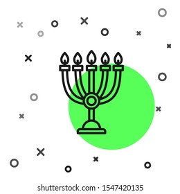 Black line Hanukkah menorah icon isolated on white background. Hanukkah traditional symbol. Holiday religion, jewish festival of Lights.  Vector Illustration