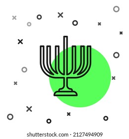 Black line Hanukkah menorah icon isolated on white background. Hanukkah traditional symbol. Holiday religion, jewish festival of Lights.  Vector