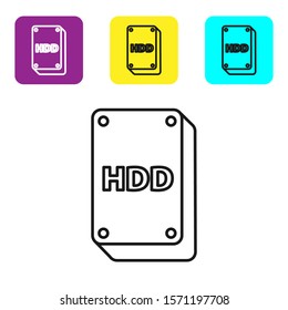 Black line Hard disk drive HDD icon isolated on white background. Set icons colorful square buttons. Vector Illustration