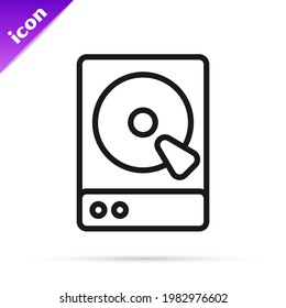 Schwarze Linie Festplatte HDD Symbol einzeln auf weißem Hintergrund.  Vektorgrafik