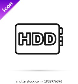 Black line Hard disk drive HDD icon isolated on white background.  Vector