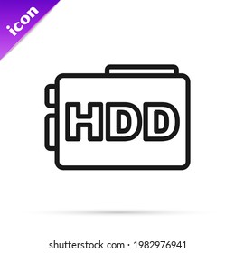 Black line Hard disk drive HDD icon isolated on white background.  Vector