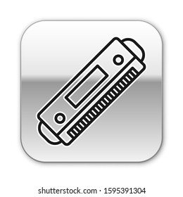 Black line Harmonica icon isolated on white background. Musical instrument. Silver square button. Vector Illustration