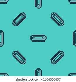 Black line Harmonica icon isolated seamless pattern on green background. Musical instrument.  Vector Illustration