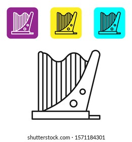 Black line Harp icon isolated on white background. Classical music instrument, orhestra string acoustic element. Set icons colorful square buttons. Vector Illustration