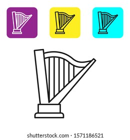 Black line Harp icon isolated on white background. Classical music instrument, orhestra string acoustic element. Set icons colorful square buttons. Vector Illustration