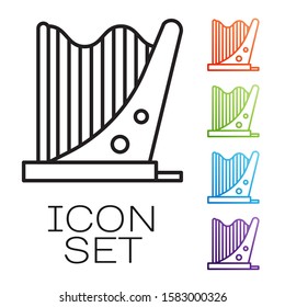 Black line Harp icon isolated on white background. Classical music instrument, orhestra string acoustic element. Set icons colorful. Vector Illustration