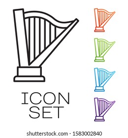 Black line Harp icon isolated on white background. Classical music instrument, orhestra string acoustic element. Set icons colorful. Vector Illustration