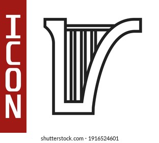 Black line Harp icon isolated on white background. Classical music instrument, orhestra string acoustic element.  Vector