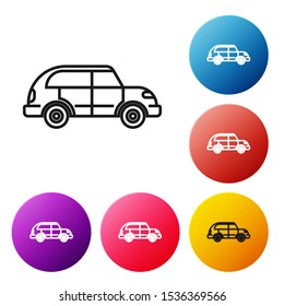 Black line Hatchback car icon isolated on white background. Set icons colorful circle buttons. Vector Illustration