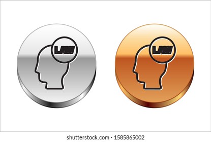 Black line Head with law icon isolated on white background. Silver-gold circle button. Vector Illustration