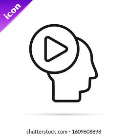 Black line Head people with play button icon isolated on white background.  Vector Illustration