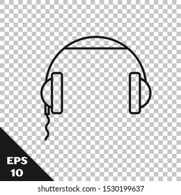 Black line Headphones icon isolated on transparent background. Earphones sign. Concept for listening to music, service, communication and operator.  Vector Illustration