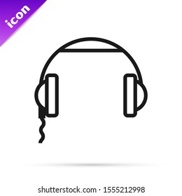 Black line Headphones icon isolated on white background. Earphones sign. Concept for listening to music, service, communication and operator.  Vector Illustration