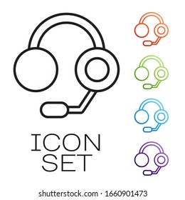 Black line Headphones icon isolated on white background. Earphones. Concept for listening to music, service, communication and operator. Set icons colorful. Vector Illustration