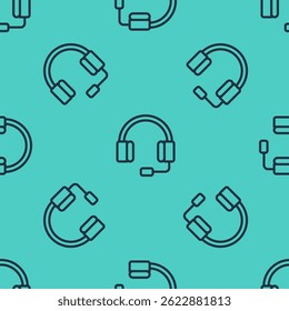 Black line Headphones icon isolated seamless pattern on green background. Earphones. Concept for listening to music, service, communication and operator.  Vector