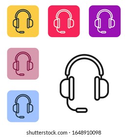 Black line Headphones with microphone icon isolated on white background. Set icons in color square buttons. Vector Illustration