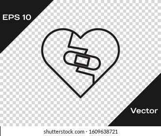 Black line Healed broken heart or divorce icon isolated on transparent background. Shattered and patched heart. Love symbol. Valentines day.  Vector Illustration