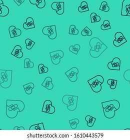 Black line Healed broken heart or divorce icon isolated seamless pattern on green background. Shattered and patched heart. Love symbol. Valentines day.  Vector Illustration