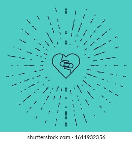 Black line Healed broken heart or divorce icon isolated on green background. Shattered and patched heart. Love symbol. Valentines day. Abstract circle random dots. Vector Illustration