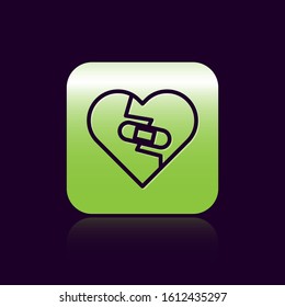 Black line Healed broken heart or divorce icon isolated on black background. Shattered and patched heart. Love symbol. Valentines day. Green square button. Vector Illustration
