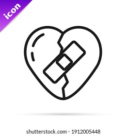 Black line Healed broken heart or divorce icon isolated on white background. Shattered and patched heart. Love symbol. Valentines day.  Vector
