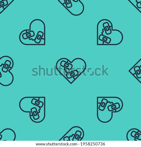 Black line Healed broken heart or divorce icon isolated seamless pattern on green background. Shattered and patched heart. Love symbol. Valentines day.  Vector