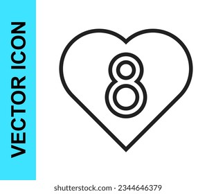 Black line Heart with 8 March icon isolated on white background. Romantic symbol linked, join, passion and wedding. Happy Women Day.  Vector