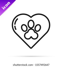 Black line Heart with animals footprint icon isolated on white background. Pet paw in heart. Love to the animals.  Vector Illustration