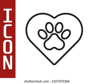 Black line Heart with animals footprint icon isolated on white background. Pet paw in heart. Love to the animals.  Vector